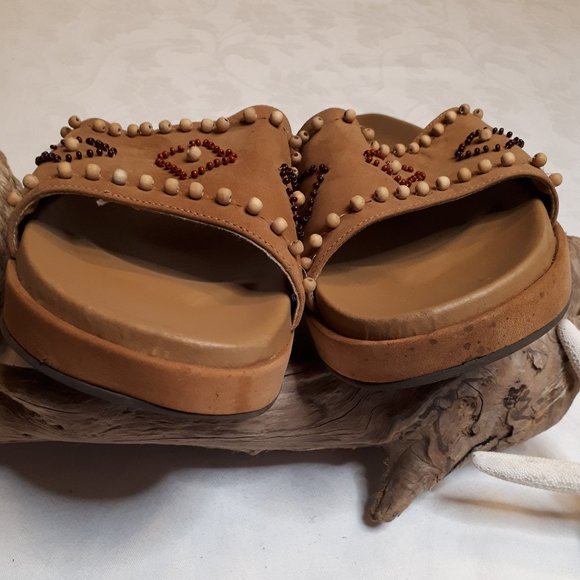 J. Jill | Suede Leather | Camel Colour | Beaded | Platform Wedge | Mule Sandals - Picture 4 of 9